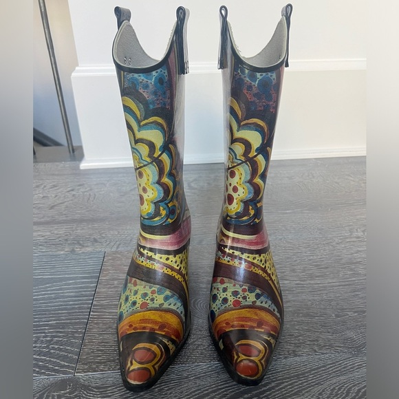 Nomad Yippy Rubber Rain Boots Cowboy Boho women’s 7 Turquoise Monet pattern - Picture 2 of 8